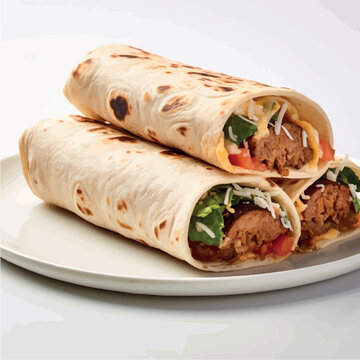 Doner kebab or shawarma isolated on white background. Fresh roll with shawarma sandwich, tortilla with grilled chicken and lettuce, tomato, onion, with white garlic sauce, isolated. Image.
