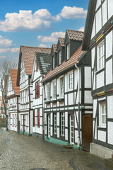 half timbered facade of an old historic house in the old town of Paderborn - 760945277