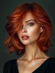 Fototapeta premium Fiery Copper Hair on a Luminous Model with a Captivating Gaze - beauty salon