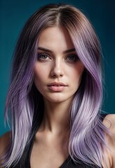 Naklejka premium Ethereal Beauty with Wavy Purple Hair and Soft Makeup - model for beauty salon