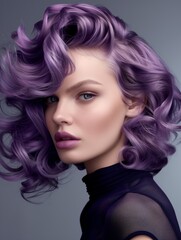 Fototapeta premium Close-up of Fashionable Woman with Wavy Purple Hair and Turtleneck