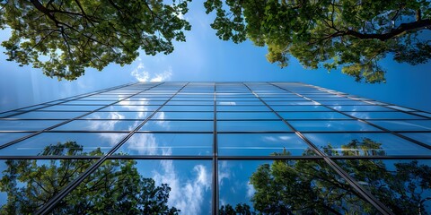 The ecoconscious glass office building features trees for reducing carbon footprint. Concept Green Architecture, Ecofriendly Design, Sustainable Buildings, Tree Integration