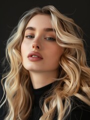Fototapeta premium Elegant Blonde with Curly Hair in Black Top, Salon Style