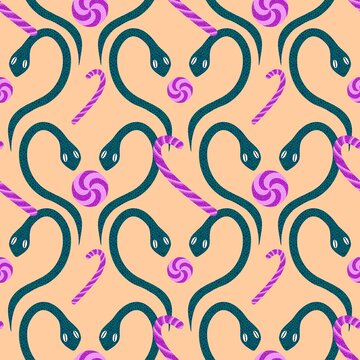 Christmas cartoon animals seamless snake pattern for new 2025 year wrapping paper and fabrics