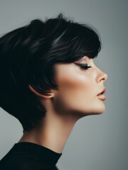 Elegant Short Hairstyle, Profile View of a Model with Dark, Glossy Hair for Beauty Salons
