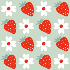 Simple summer pattern with flowers and strawberries. Geometric retro print for curtain, tablecloth, textile and fabric. Hand drawn vector background for decor and design.