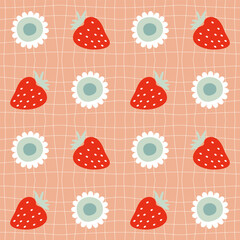 Groovy seamless pattern with daisy flowers and strawberries on grid distorted background. Hippie aesthetic print for fabric, paper, textile. Hand drawn vector illustration.