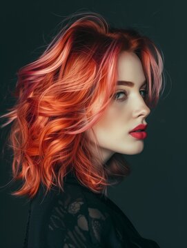 Fiery Orange Wavy Hair on Woman with Bold Red Lips