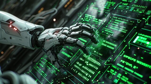 A robot coding with bright green algorithms on a digital interface
