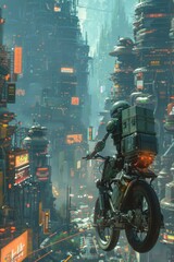 A robot courier on a vibrant green bike, delivering packages in a futuristic cityscape