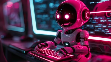 A robot investigator tracing a neon pink phishing source in a dark web environment - obrazy, fototapety, plakaty
