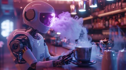 A robotic barista making coffee, steam in vivid purple, in a cozy