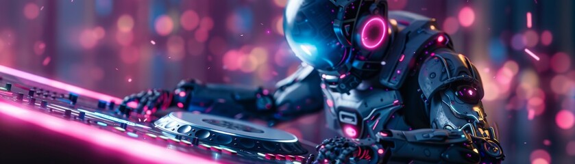 A robotic DJ spinning holographic disks, surrounded by fuchsia lights