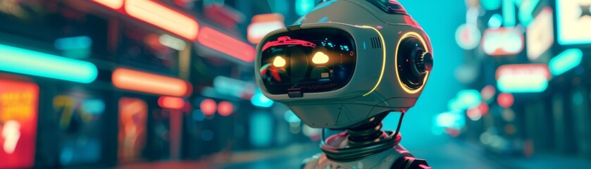A robotic VR game developer testing a fluorescent teal virtual world - obrazy, fototapety, plakaty