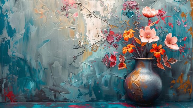 Abstract floral metal texture painting with flowers in vase. Modern plant still life illustration