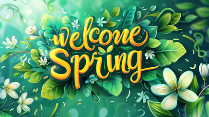 spring welcome banner with green foliage and flowers