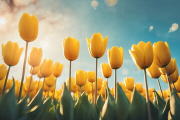 May floral bloom. Sunny flower field. Tulip garden landscape. Nature color. Spring season background. April leaf close up Fresh plant bulb grow. Light day park Bright sun blue sky. Green grass beauty.