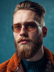Man with Beard and Round Glasses in Orange Textured Jacket