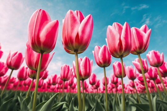 Tulip garden landscape. Spring season background. Nature color. May floral bloom. Sunny flower field. Bright sun blue sky. Green grass beauty. Fresh plant bulb grow. April leaf close up Light day park