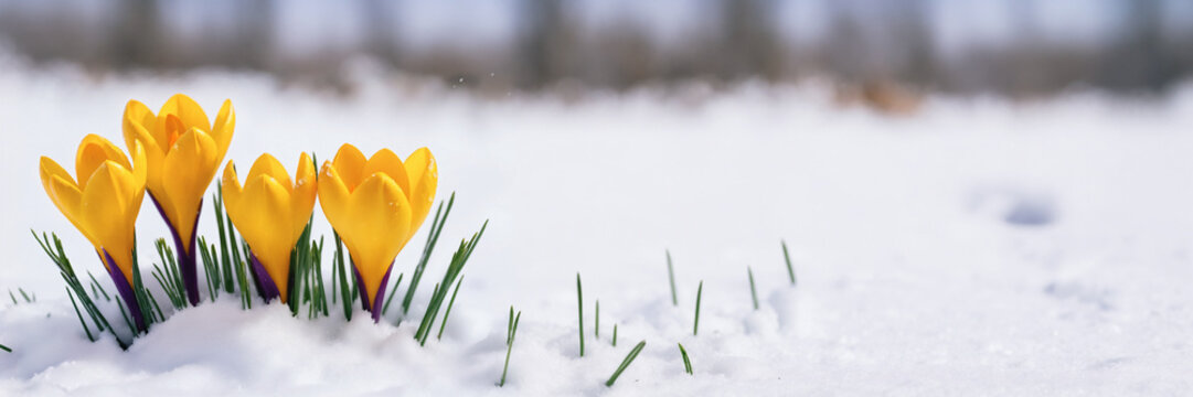 March snow melt. Plant garden background. Early spring crocus. First bud flower. Winter day nature. beauty light floral leaf close up macro. new green grass growth. april bloom. cold white frost ice.