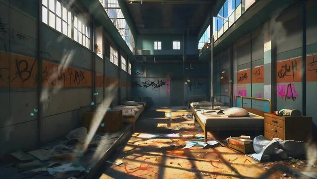 messy abandoned prison atmosphere in anime style