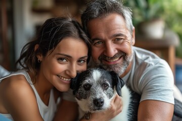Portrait of a smiling couple embracing their dog, illustrating love, family, and pet companionship concept