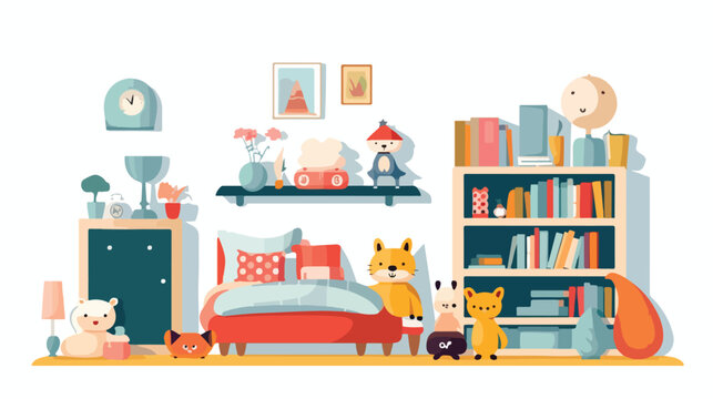 Playful childrens bedroom with toys and books. flat