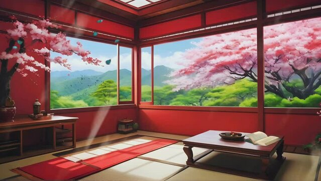 Traditional Japanese house tea room with open windows displays the beauty of nature in anime style