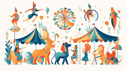 Obraz na płótnie Canvas Playful circus scene with acrobats and animals. fla