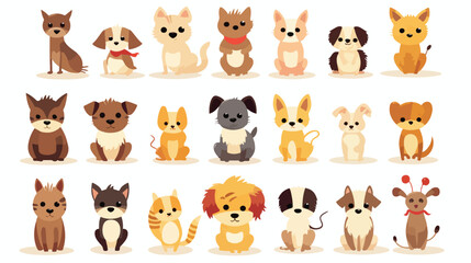 Playful pet portraits in various poses. flat vector