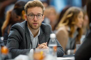 Focused young businessman in conference meeting, symbolizing strategic thinking and professional engagement concept - obrazy, fototapety, plakaty