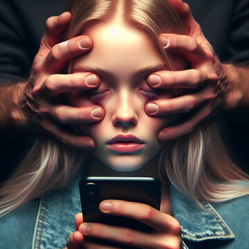 The photo, created by artificial intelligence, depicts a young girl engrossed in her phone while a hand touches her face. It symbolizes the experience of many youths enslaved by social media