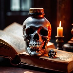 Macabre occult scene with book of dark magic and evil skull - 760950650