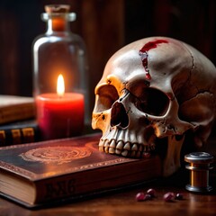 Macabre occult scene with book of dark magic and evil skull - obrazy, fototapety, plakaty