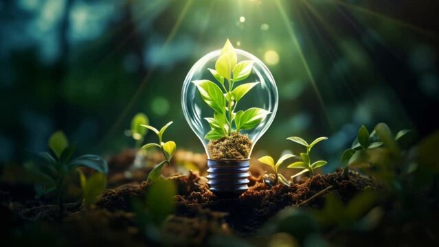 lightbulb with green leaves in the forest with dark rich soil and sunlight Generative AI
