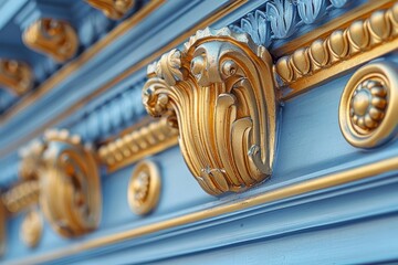 Golden Elegance on Blue: Ornate Architectural Detail