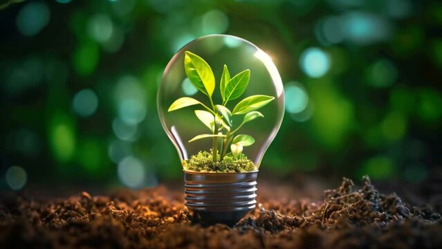 lightbulb with green leaves in nature with dark rich soil Generative AI