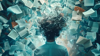 A person head explodes with information from newspapers, books, taxes. Man overwhelmed with fake news. A psychological concept of mental burnout and emotional stress.