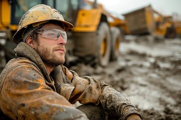 Weary construction worker resting with a reflective gaze amidst heavy machinery, concept of labor and industrial work