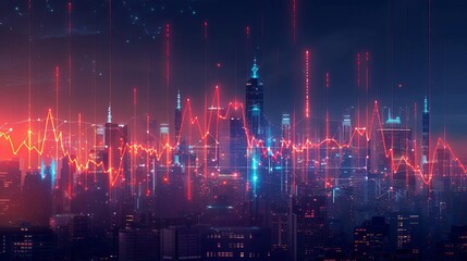 Competitive edge of analytics represented by a sharp, angular graph rising above a cityscape, demonstrating the power of data-driven insights in business, digital illustration - obrazy, fototapety, plakaty