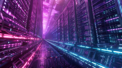 Fototapeta premium Subterranean Cyberpunk Metropolis: Neon-lit Tunnels, AI Machinery, and Biomechanical Implants Amidst Towering Server Stacks