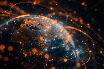Digital representation of the African continent with glowing network connections, concept of global communication and technology