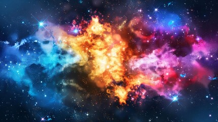 Cosmic nebula supernova explosion with vibrant colors and twinkling stars, space background illustration