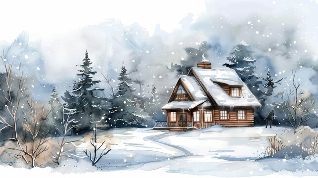 Cozy watercolor winter house illustration with snowy landscape, Christmas themed transparent background
