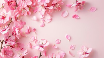Fototapeta na wymiar Floral Banner Spring Flowers on Light Pink Background for Greeting Card