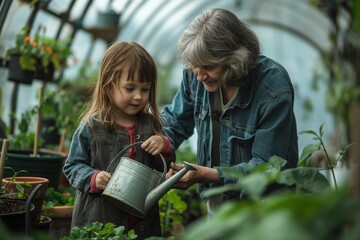 Elderly woman teaching young girl to water plants in a lush greenhouse, concept of family bonding and education in nature