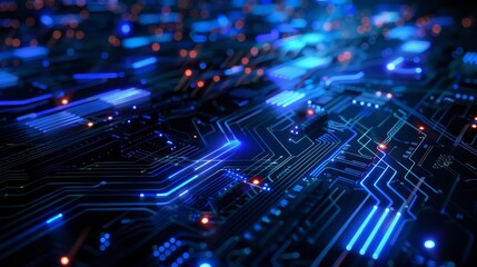 Futuristic abstract design with glowing circuit board patterns in a vast cyberspace, digital illustration