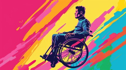 Illustration of a man in a wheelchair with a dynamic background, highlighting inclusivity and mobility in modern society - obrazy, fototapety, plakaty