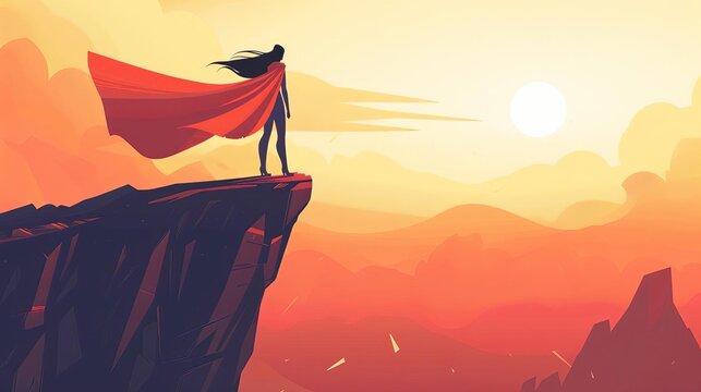 Heroic woman in cape standing on cliff, empowering illustration concept