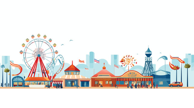 Retro-style beach boardwalk with carnival games and